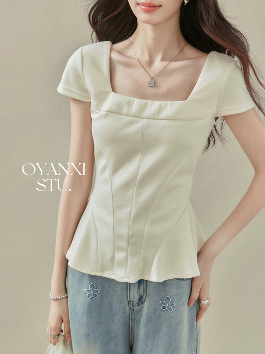 Ouyang Xi's "Monsoon Monologue" summer apricot-colored straight shoulder square collar short-sleeved top temperament slim ruffled T-shirt
