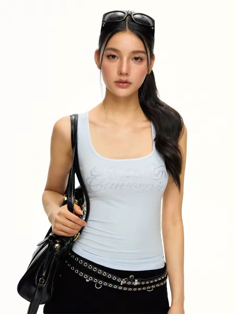 Ariseism American Retro Letter Rhinestone Tank Top for Women, New Summer Style, Slim Fit, Wearable Outerwear