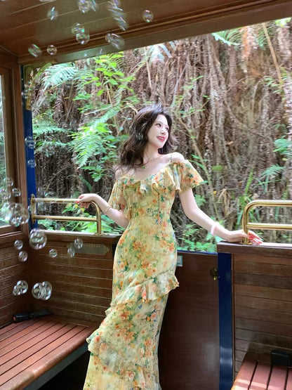 Roman-inspired [Sunshine Val] French Retro Suspender Long Dress Women's Summer V-neck Oil Painting Floral Dress