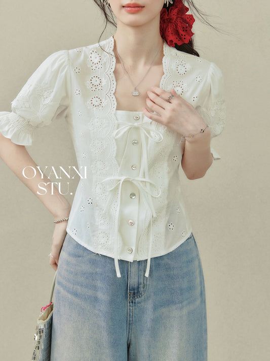Ouyang Xi's "Summer Palace" white square collar exposed collarbone unique top French puff sleeve shirt for women