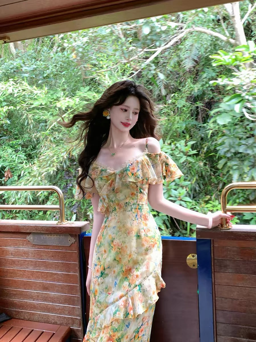 Roman-inspired [Sunshine Val] French Retro Suspender Long Dress Women's Summer V-neck Oil Painting Floral Dress