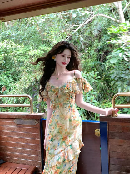 Roman-inspired [Sunshine Val] French Retro Suspender Long Dress Women's Summer V-neck Oil Painting Floral Dress