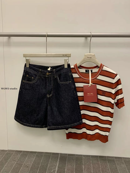 WGWE – High-Waisted Vintage Denim Shorts: Loose, Slimming, Versatile, Wide-Leg A-Line Hot Pants (Model 8748)