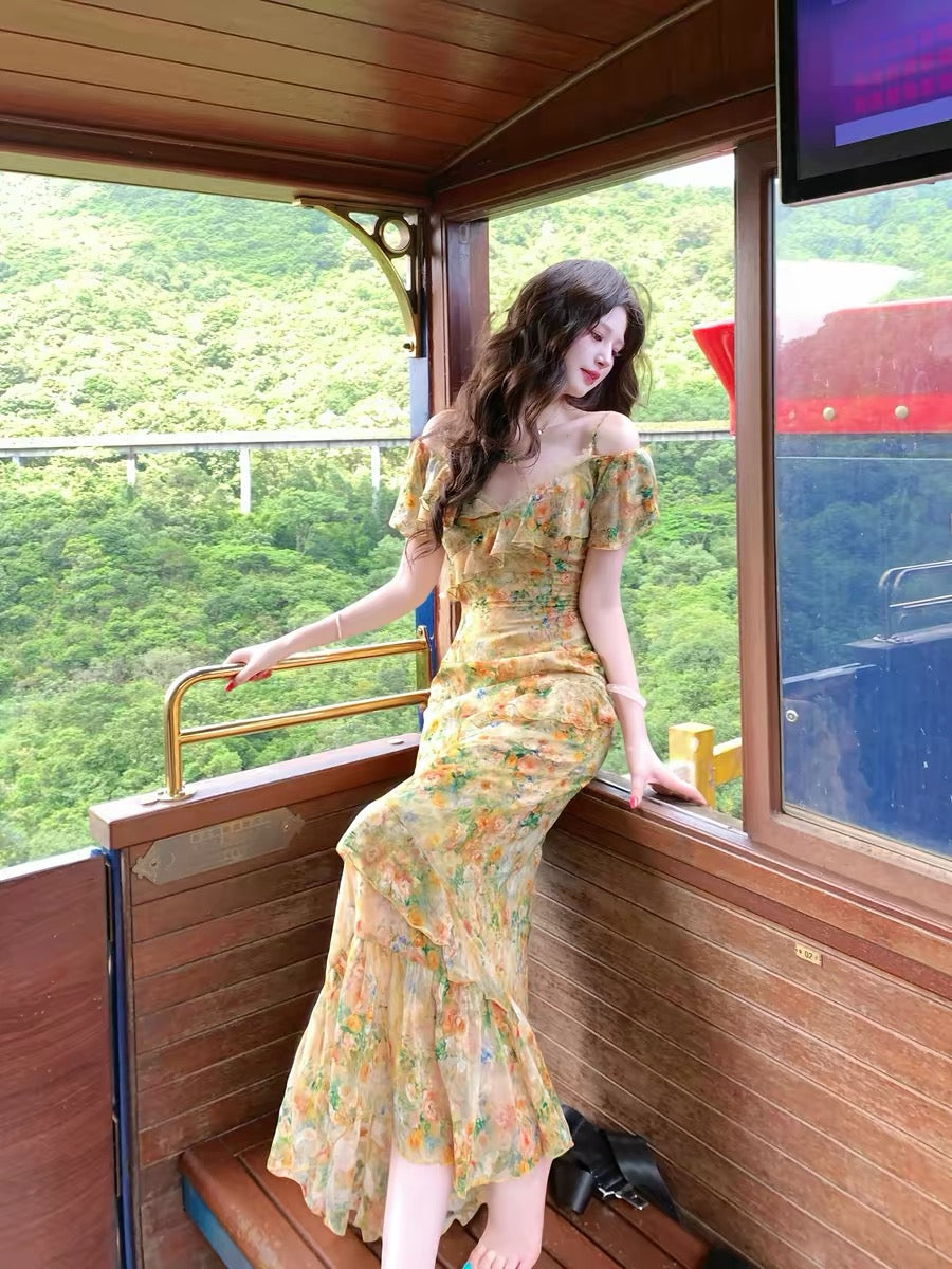 Roman-inspired [Sunshine Val] French Retro Suspender Long Dress Women's Summer V-neck Oil Painting Floral Dress