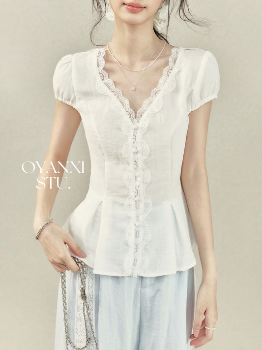 Ouyang Xi "Yun Ye" white lace V-neck short-sleeved shirt women's summer waist puff sleeve top women