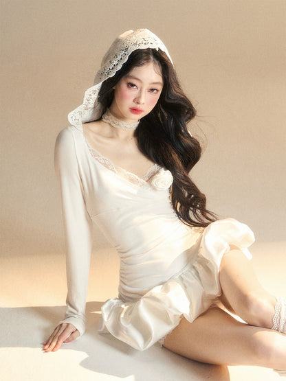 Shao Ye Yan Jiao Wan Sheng Meng long-sleeved hooded lace sexy dress female spring and summer waist slimming flower bud skirt short skirt