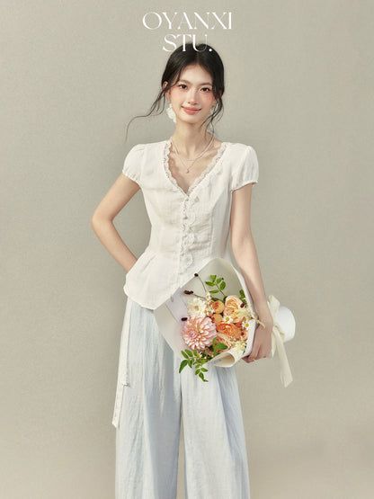 Ouyang Xi "Yun Ye" white lace V-neck short-sleeved shirt women's summer waist puff sleeve top women