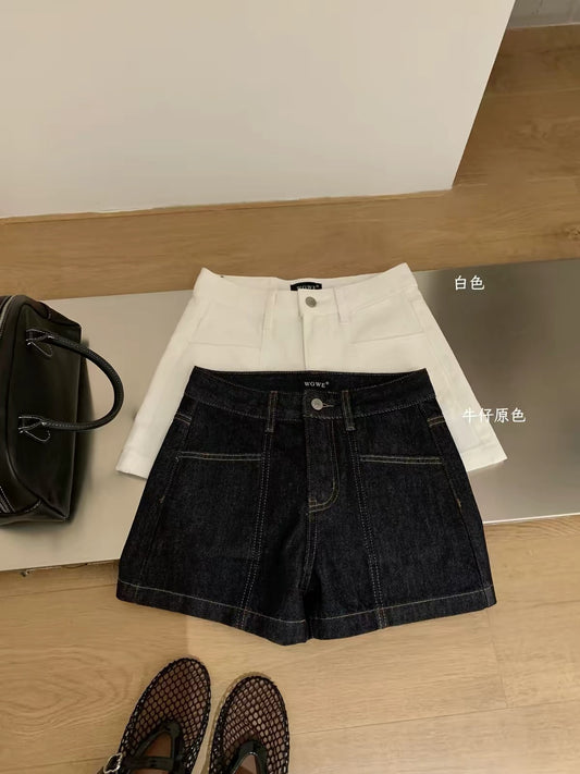 WGWE-26 Summer American Retro Dark High-Waisted Denim Shorts – Loose, Slimming A-Line Hot Pants