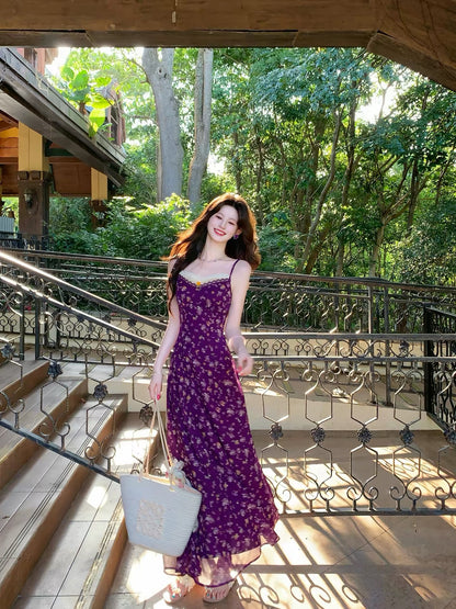 Romance of the Life [Bauhinia] French Retro Suspender Long Dress Women's Summer Purple Floral V-neck Slim Waist Dress