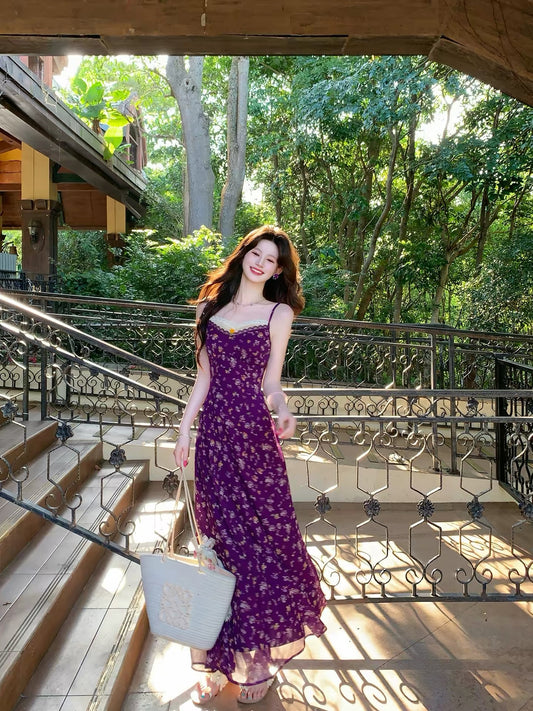 Romance of the Life [Bauhinia] French Retro Suspender Long Dress Women's Summer Purple Floral V-neck Slim Waist Dress