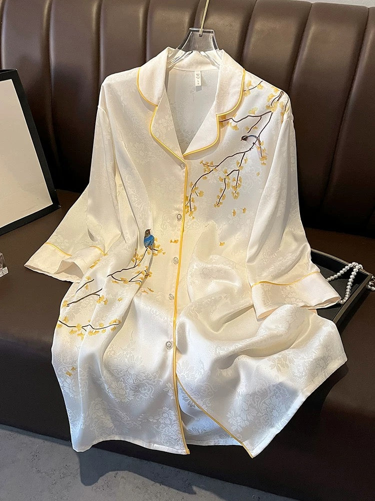 6A grade silk nightdress women spring and summer retro Chinese style heavy 100% mulberry silk pajamas home clothes high-end