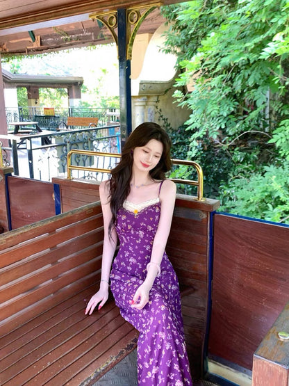 Romance of the Life [Bauhinia] French Retro Suspender Long Dress Women's Summer Purple Floral V-neck Slim Waist Dress
