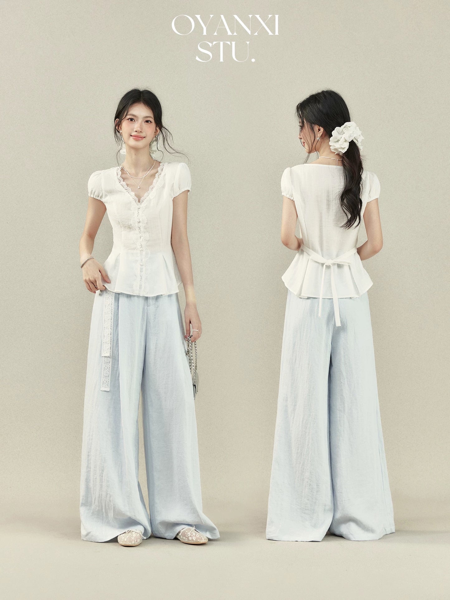 Ouyang Xi "Yun Ye" white lace V-neck short-sleeved shirt women's summer waist puff sleeve top women