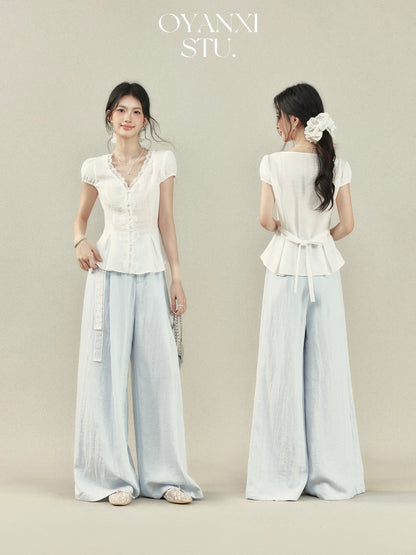 Ouyang Xi "Yun Ye" white lace V-neck short-sleeved shirt women's summer waist puff sleeve top women