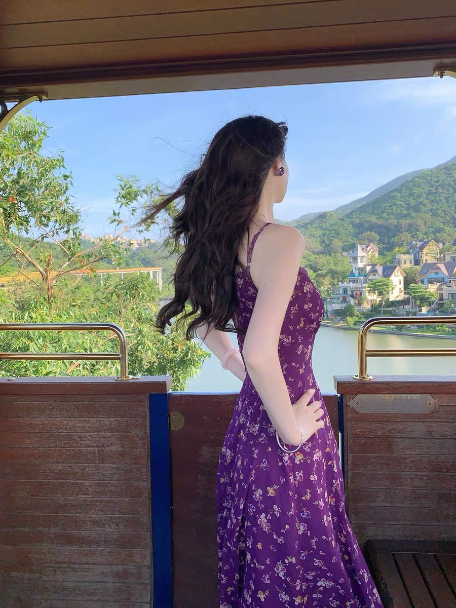 Romance of the Life [Bauhinia] French Retro Suspender Long Dress Women's Summer Purple Floral V-neck Slim Waist Dress