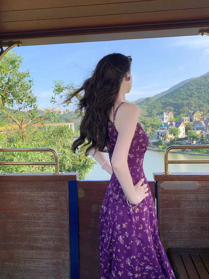 Romance of the Life [Bauhinia] French Retro Suspender Long Dress Women's Summer Purple Floral V-neck Slim Waist Dress