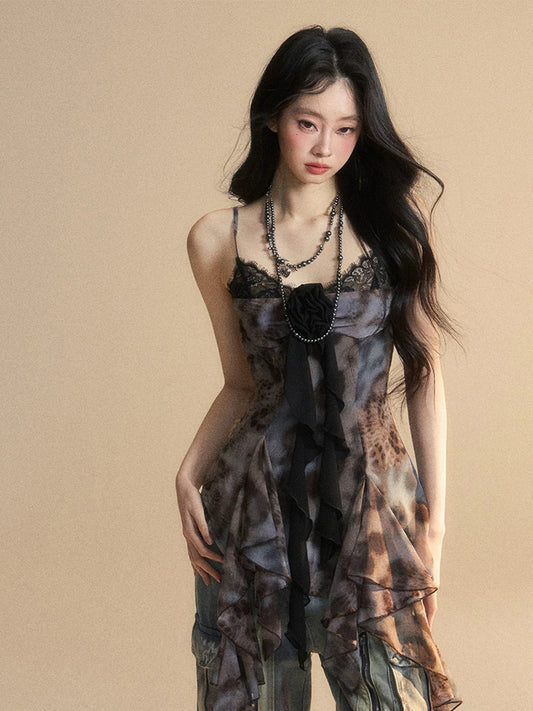 One-shoulder hot girl lace suspender T-shirt female summer fake two-piece waist slimming chic top