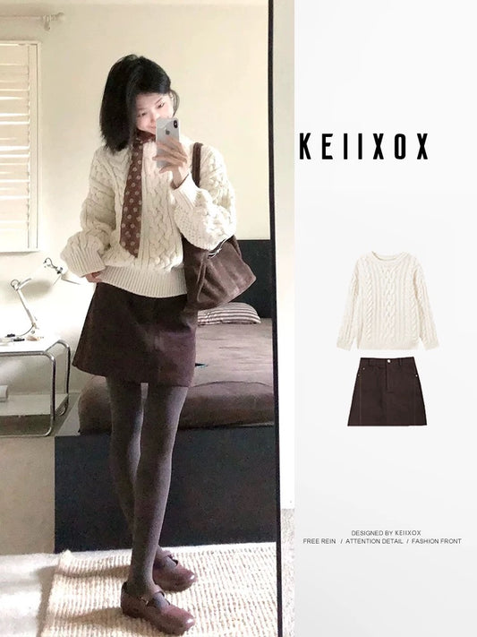 A sophisticated two-piece winter outfit: a preppy Korean-style cable knit sweater and skirt set.