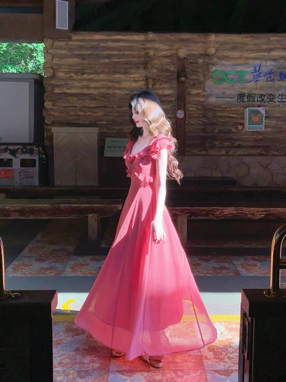 Romance of the Life [Rose Fairy] French Retro Rose Dress for Women, Summer Ruffles, Slim Fit, Flowy Long Dress