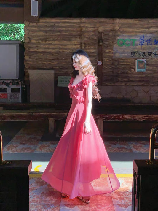 Romance of the Life [Rose Fairy] French Retro Rose Dress for Women, Summer Ruffles, Slim Fit, Flowy Long Dress