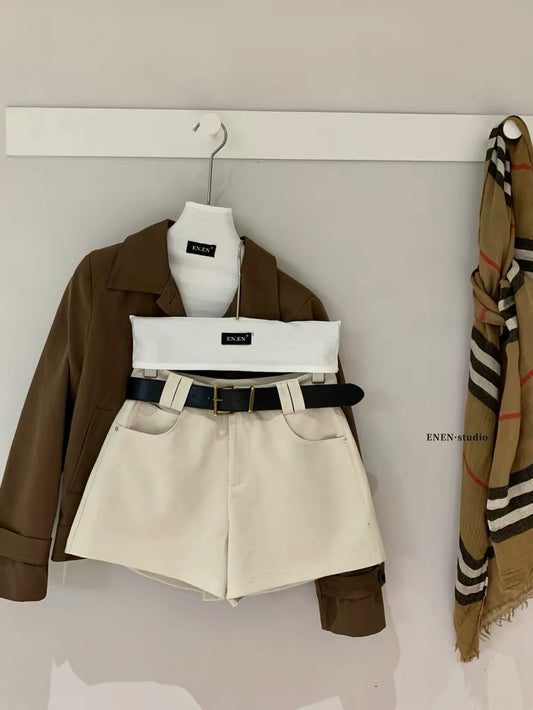 【ENEN】High-Waisted Wide-Leg Faux Suede Shorts – Slimming & Casual (Belt Included)