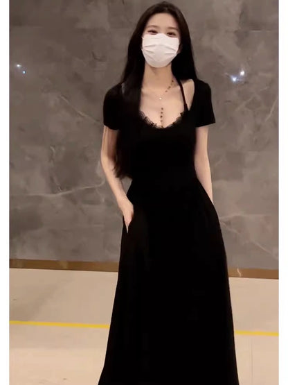 Design sense French temperament sexy slim fake two-piece dress female summer high-end pure desire black long skirt