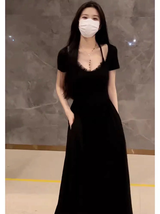 Design sense French temperament sexy slim fake two-piece dress female summer high-end pure desire black long skirt