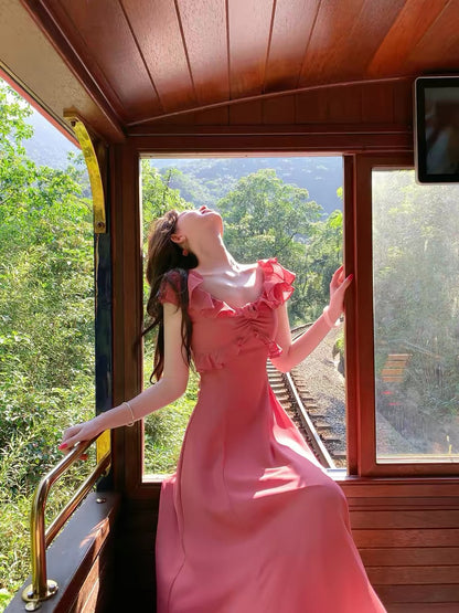 Romance of the Life [Rose Fairy] French Retro Rose Dress for Women, Summer Ruffles, Slim Fit, Flowy Long Dress