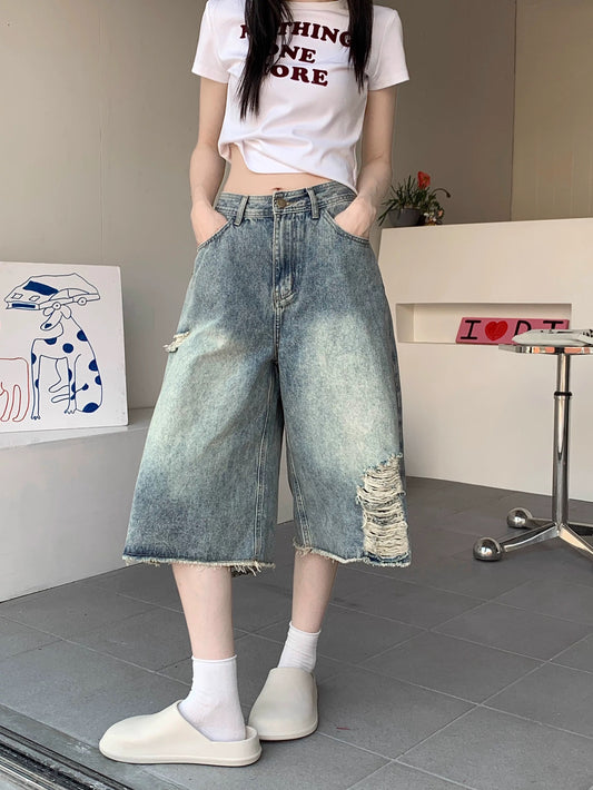 Kumikumi American retro ripped jeans wide-leg pants for women summer distressed high waist loose straight leg cropped pants