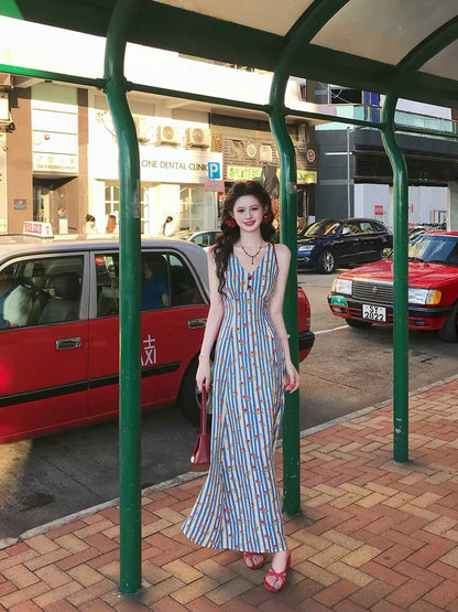Romance of the Life [Sea Breeze and Roses] French Retro Suspender Dress Women's Summer Floral V-neck Slim Waist Long Dress