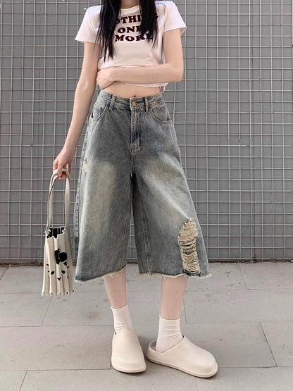 Kumikumi American retro ripped jeans wide-leg pants for women summer distressed high waist loose straight leg cropped pants