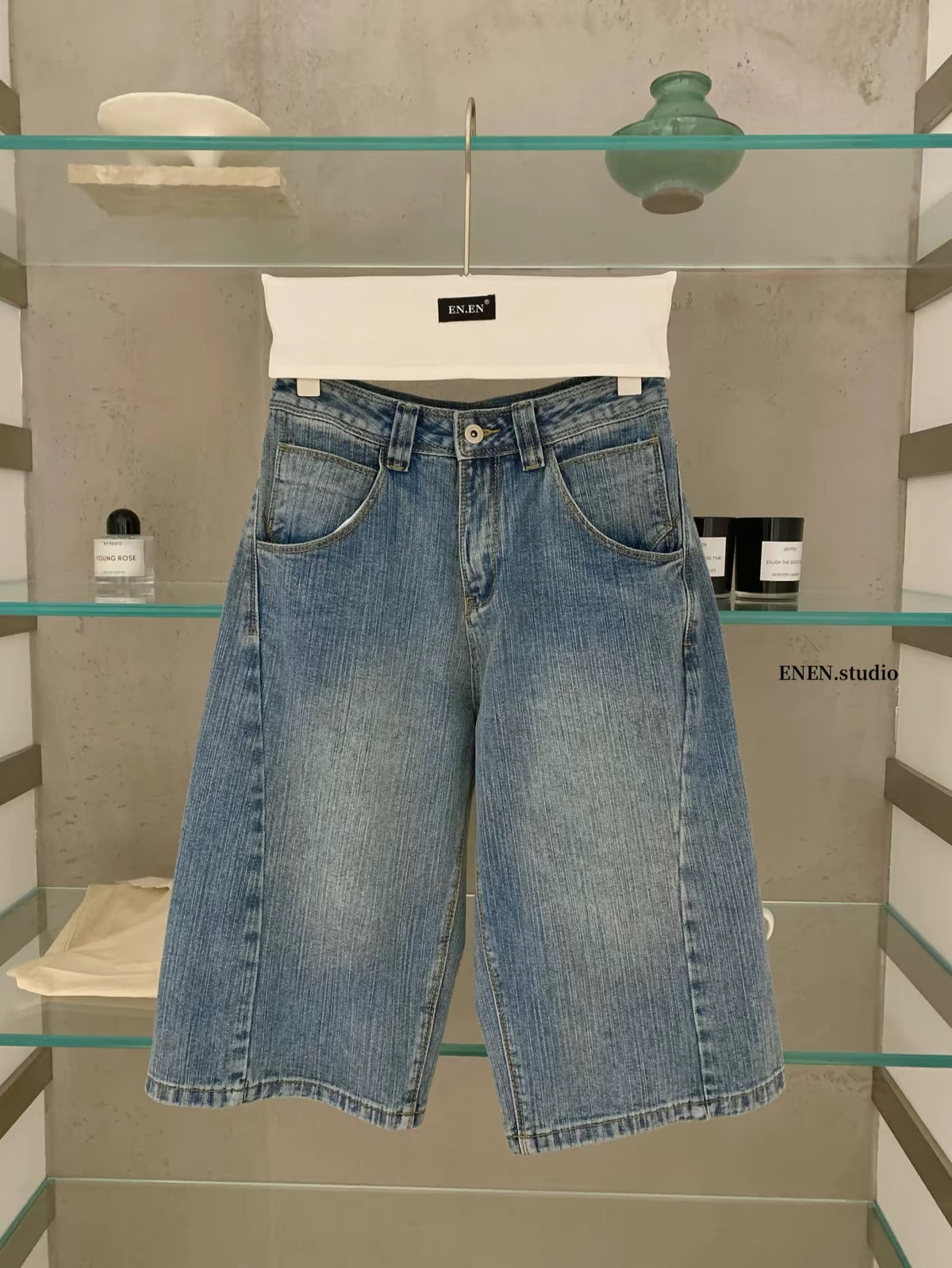 WGWE-2026 Early Autumn American Retro Versatile Denim Shorts (Mid-Thigh Length) – Low-Rise, Slimming, Loose Straight-Leg/Wide-Leg Style