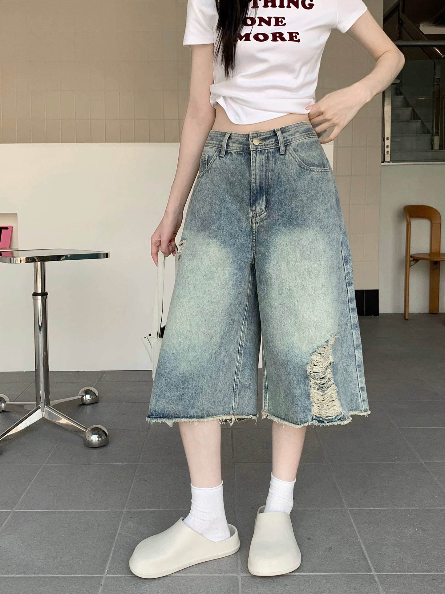 Kumikumi American retro ripped jeans wide-leg pants for women summer distressed high waist loose straight leg cropped pants