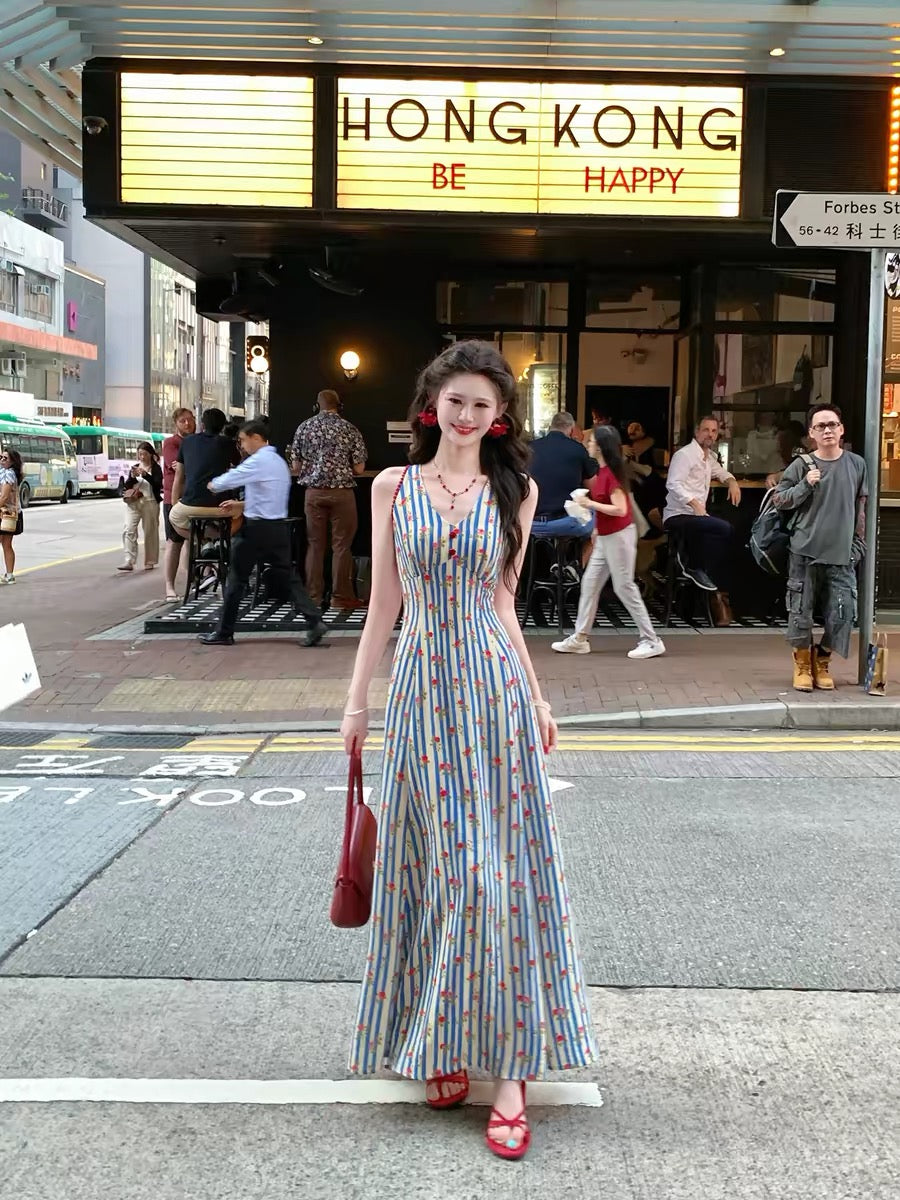 Romance of the Life [Sea Breeze and Roses] French Retro Suspender Dress Women's Summer Floral V-neck Slim Waist Long Dress