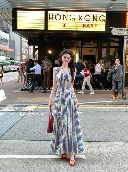 Romance of the Life [Sea Breeze and Roses] French Retro Suspender Dress Women's Summer Floral V-neck Slim Waist Long Dress