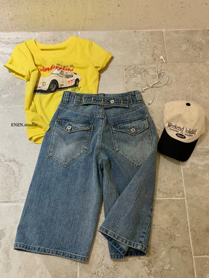 WGWE-2026 Early Autumn American Retro Versatile Denim Shorts (Mid-Thigh Length) – Low-Rise, Slimming, Loose Straight-Leg/Wide-Leg Style