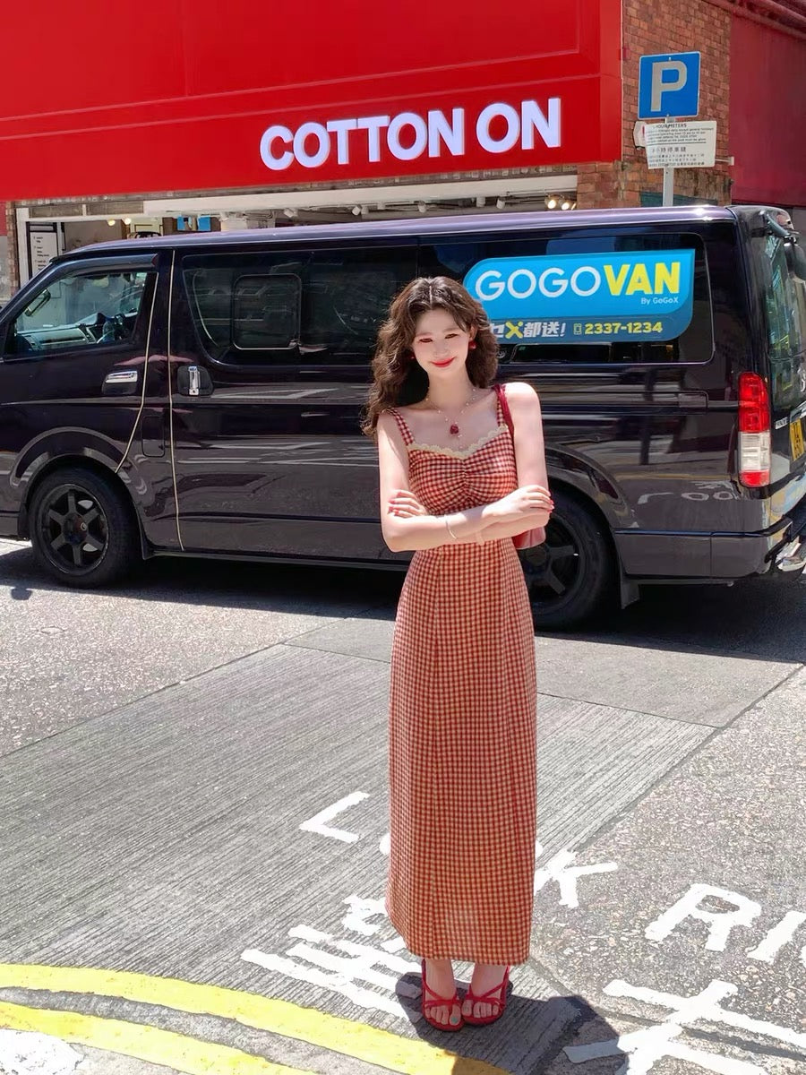 Now, a lifetime of romance [Neon Sweetheart] French retro style dress for women, summer lace suspender knotted slim long dress
