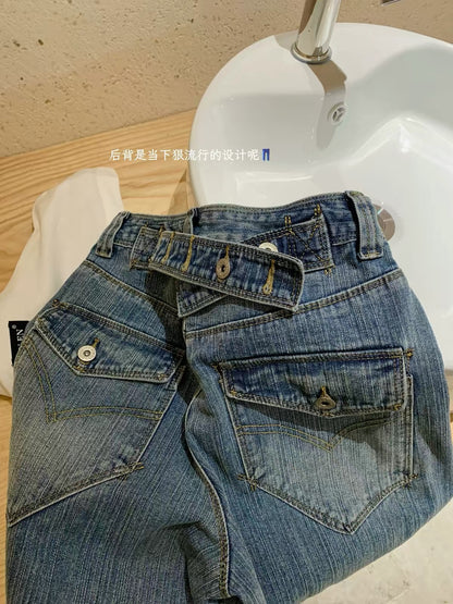 WGWE-2026 Early Autumn American Retro Versatile Denim Shorts (Mid-Thigh Length) – Low-Rise, Slimming, Loose Straight-Leg/Wide-Leg Style