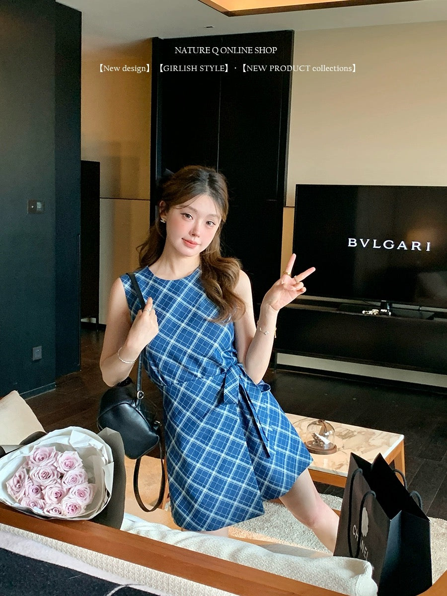 Yang Xiaojuan girly denim blue plaid sleeveless dress college style vest dress summer short skirt