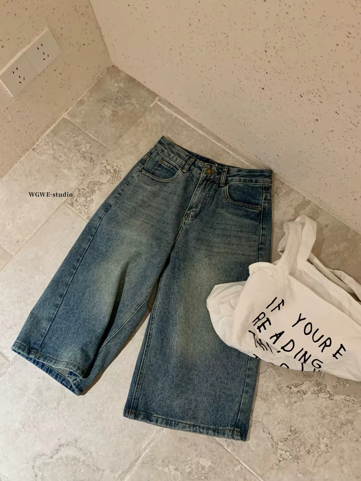 WGWE-26 Summer Real-Life Photos: American Retro Niche Wide-Leg/Straight-Leg Cropped Washed Denim Jeans (Slimming Fit)