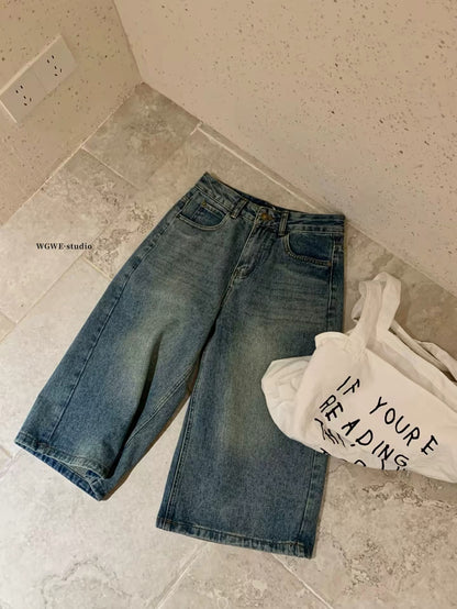 WGWE-26 Summer Real-Life Photos: American Retro Niche Wide-Leg/Straight-Leg Cropped Washed Denim Jeans (Slimming Fit)