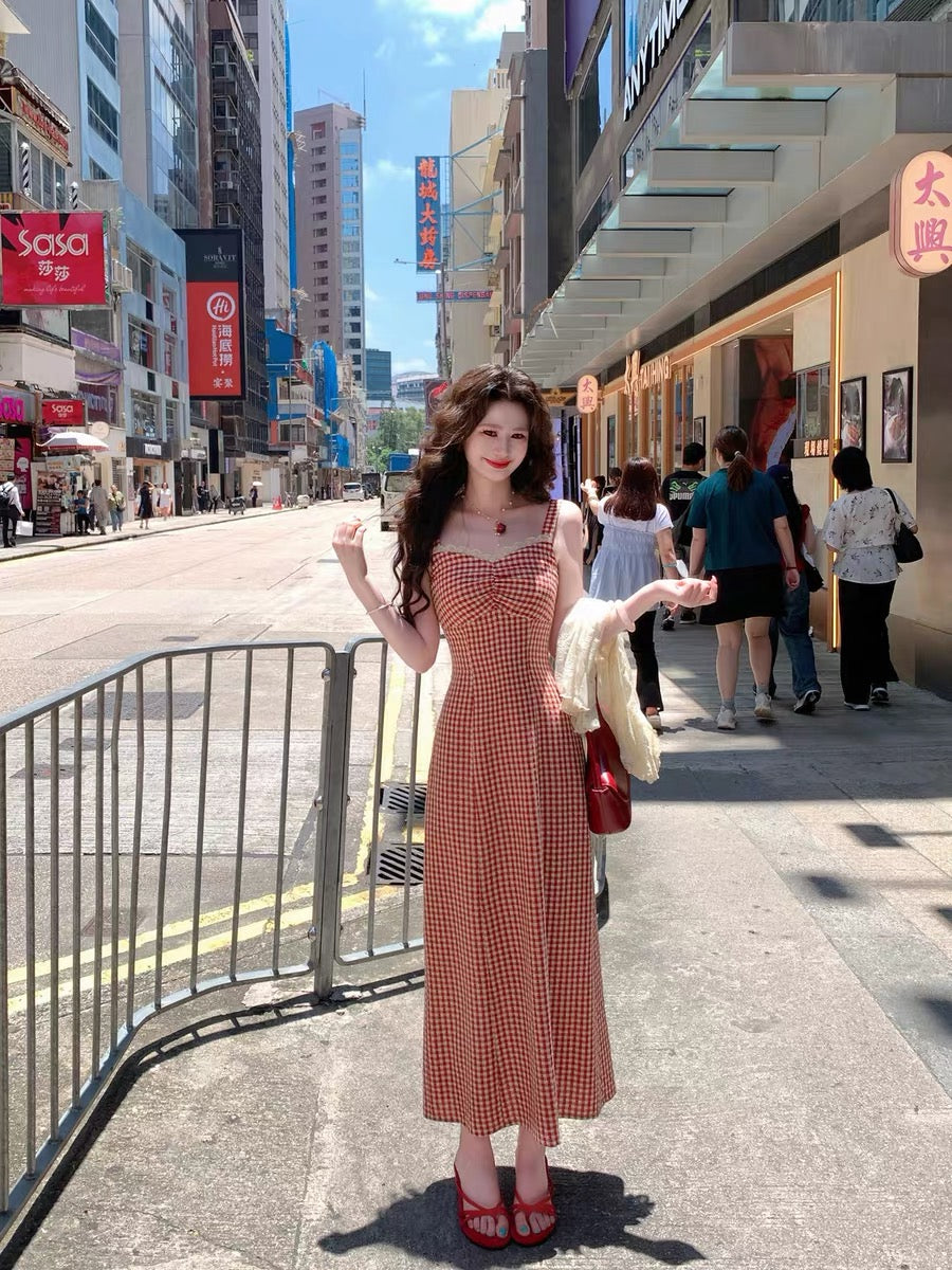 Now, a lifetime of romance [Neon Sweetheart] French retro style dress for women, summer lace suspender knotted slim long dress