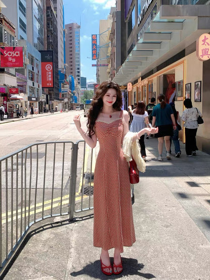 Now, a lifetime of romance [Neon Sweetheart] French retro style dress for women, summer lace suspender knotted slim long dress