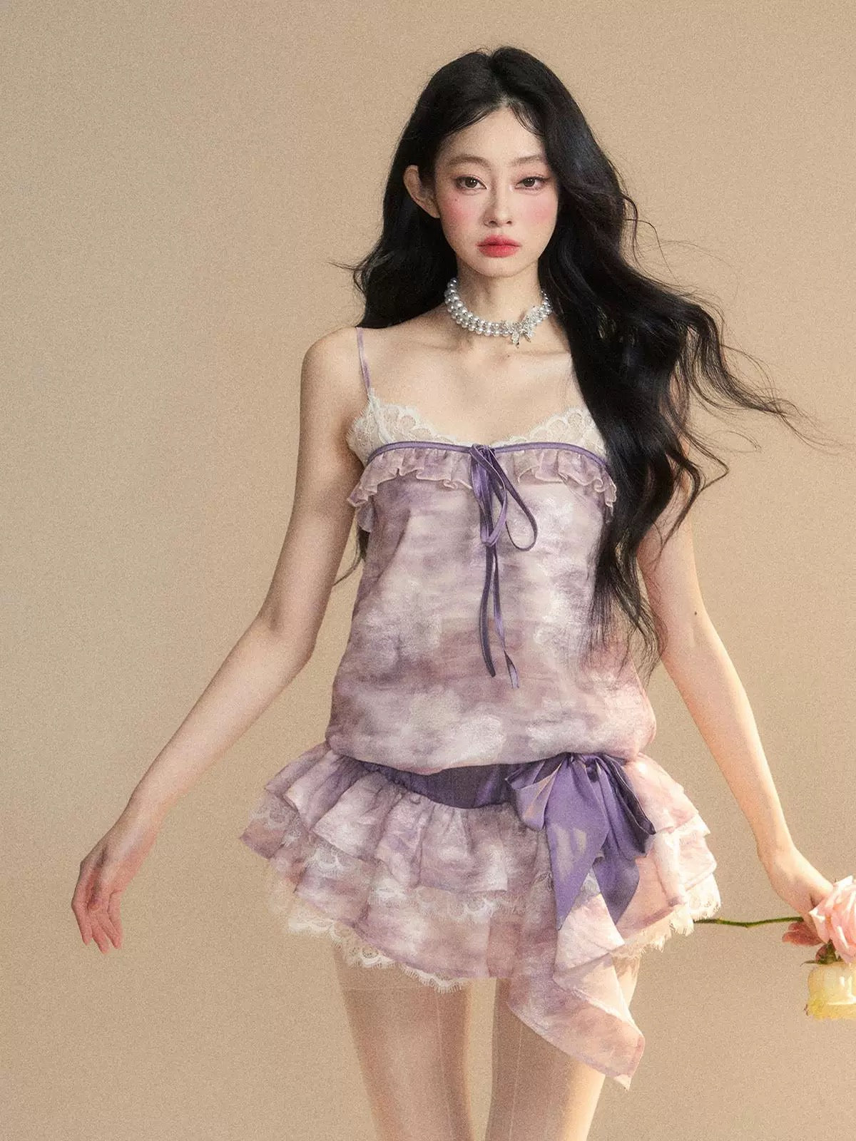 Shao Ye Yan Nan Fa Yi Yuan One Shoulder French Gentle Style Lace Suspender Dress Women's Summer Waist Slimming Short Skirt