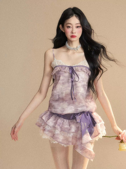 Shao Ye Yan Nan Fa Yi Yuan One Shoulder French Gentle Style Lace Suspender Dress Women's Summer Waist Slimming Short Skirt