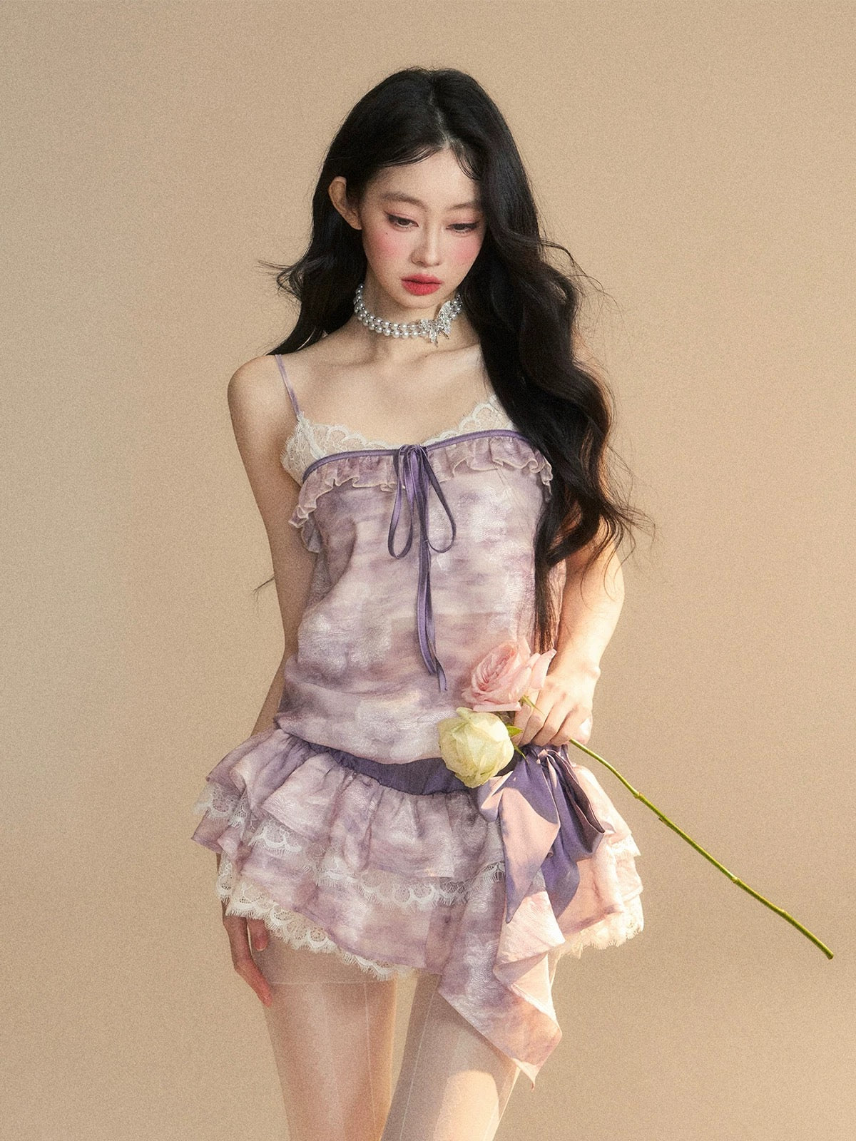 Shao Ye Yan Nan Fa Yi Yuan One Shoulder French Gentle Style Lace Suspender Dress Women's Summer Waist Slimming Short Skirt