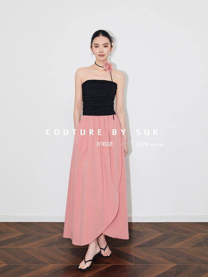 SUK rose season! One-shoulder tube top high-waisted long skirt slimming summer new irregular dress