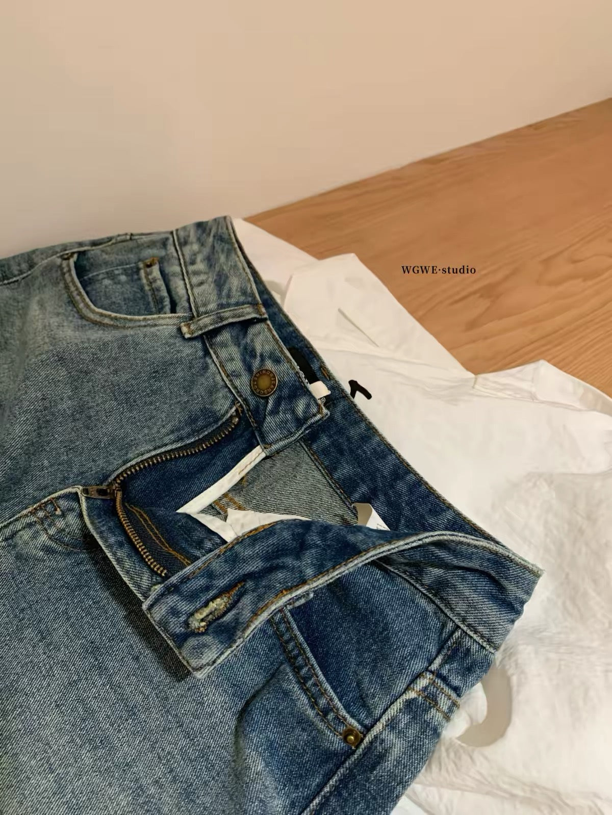 WGWE-26 Summer Real-Life Photos: American Retro Niche Wide-Leg/Straight-Leg Cropped Washed Denim Jeans (Slimming Fit)
