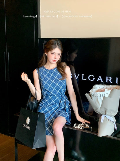 Yang Xiaojuan girly denim blue plaid sleeveless dress college style vest dress summer short skirt