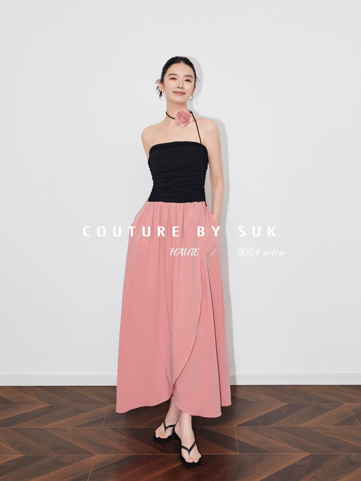 SUK rose season! One-shoulder tube top high-waisted long skirt slimming summer new irregular dress